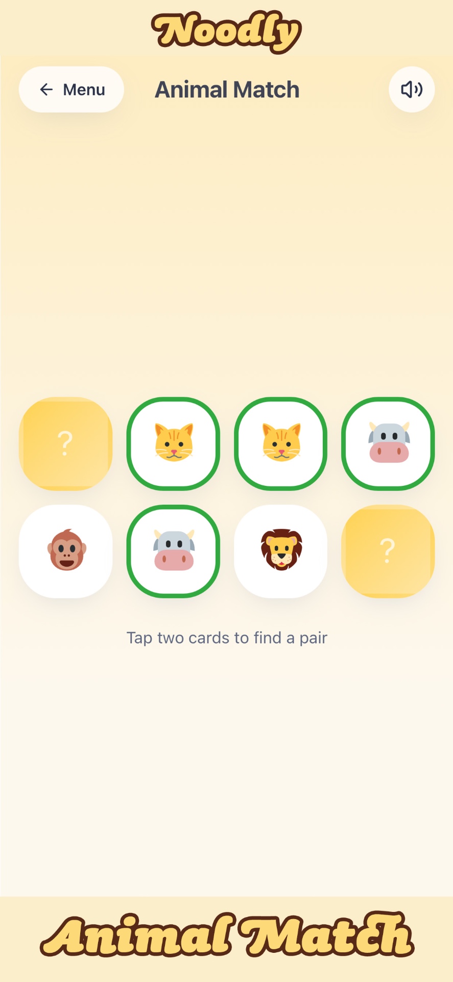 Noodly Animal Match screen